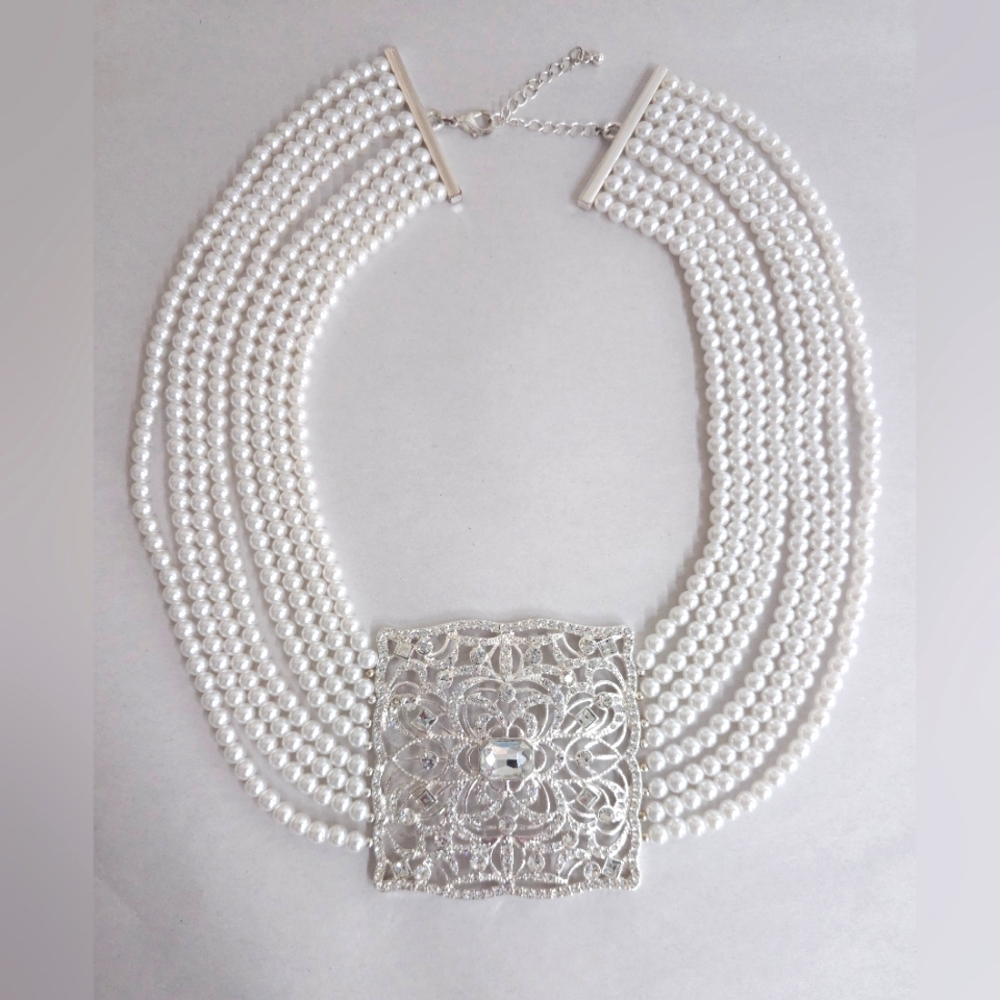 Vintage Unsigned Multi-Strand Faux Pearl & Rhinestone Clasp Necklace